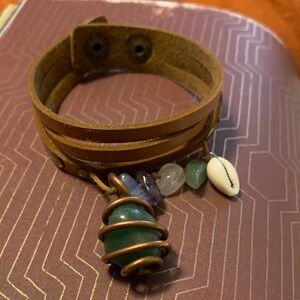 Faux brown Suede Leather cuff Bracelet with crystals and shell Beads